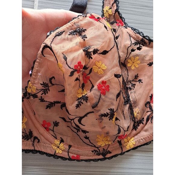 Adore Me Contour Plunge Bra 38DD Floral Embroidered Lace Black & Tan Sheer - Picture 3 of 11